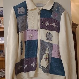Good Used Condition Alfred  Dunner Women's Patchwork Christmas Cardigan Zip PXL